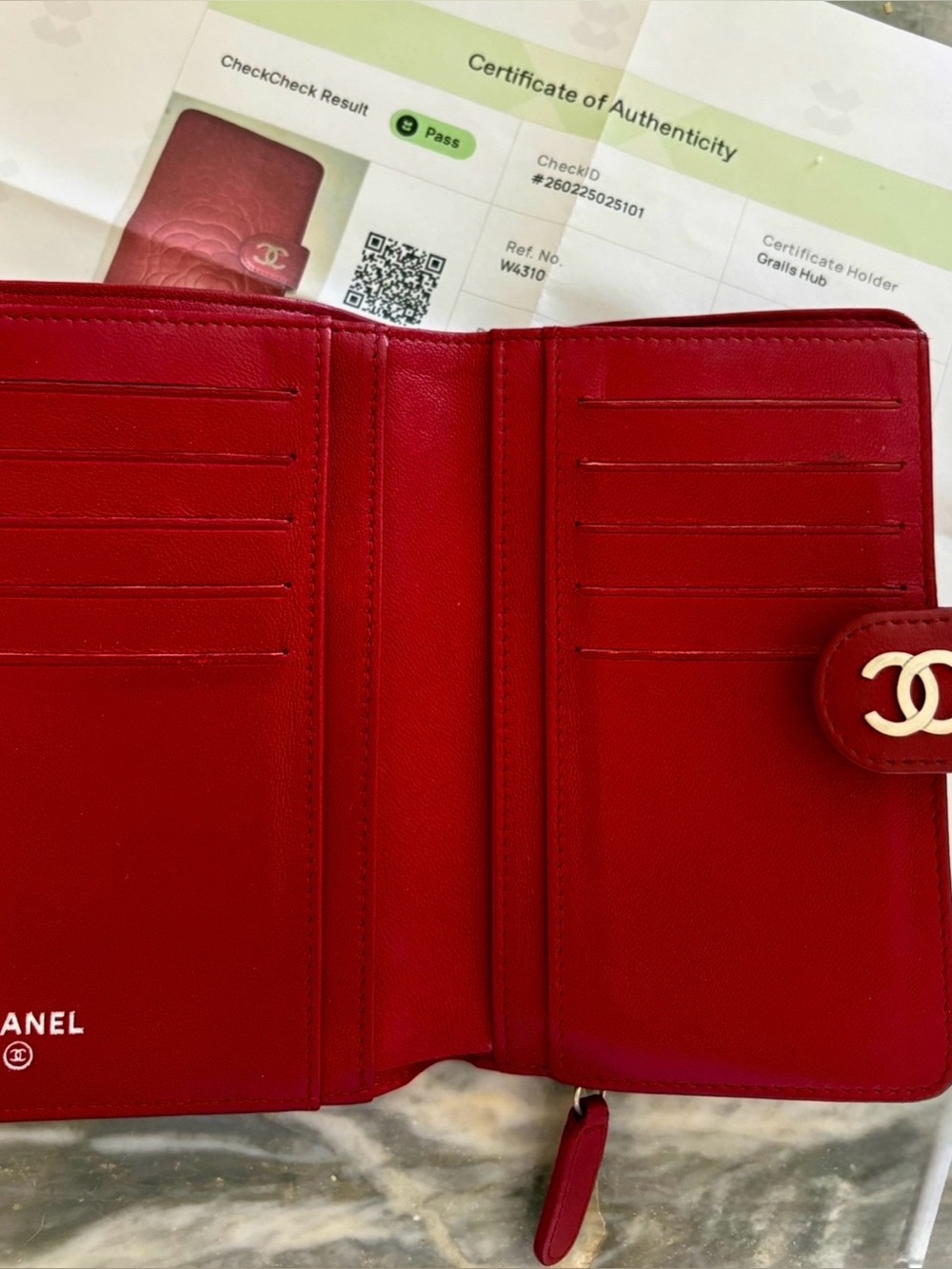 CERTIFIED CHANEL Red Floral Camellia Leather DOUBLE Coin Wallet cards CC w COA ! - Picture 2 of 10